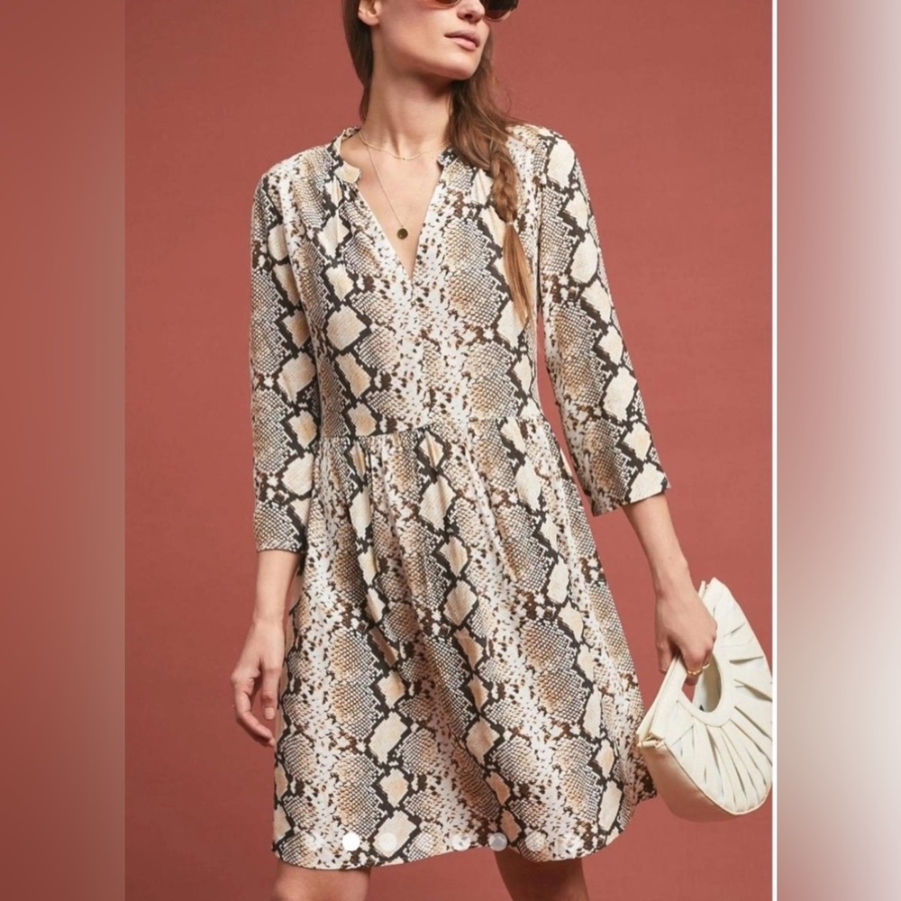 Anthropologie Maeve Juno Snake Print Button Down Long Sleeve Shirt Dress Medium
